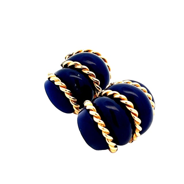 Blue 1960 Estate Blue Agate & 14K Gold Ribbed Clip-On Earrings For Sale - Image 8 of 9