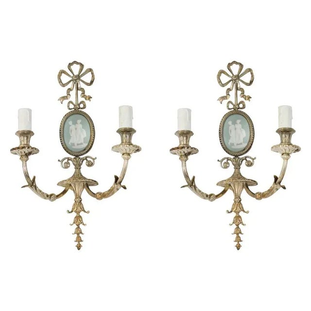 Antique Silver Plate Jasperware Twin Branch Wall Lights, 1890s, Set of 2 For Sale - Image 9 of 9