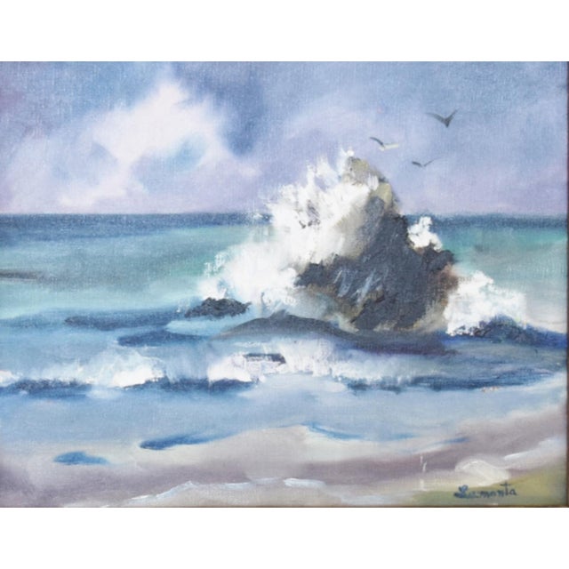 Crashing Waves on the Rocks Seascape Oil Painting W/ Ornate Carved Wood ...
