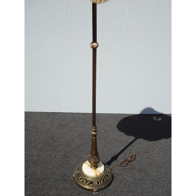 Vintage French Victorian Floor Lamp Light W Fringed Lamp Shade & Onyx Base For Sale - Image 9 of 12
