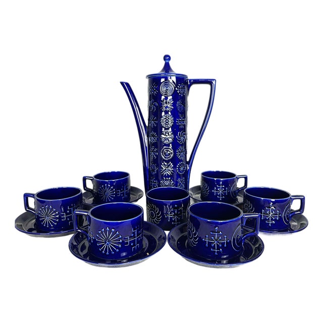 Vintage Portmeirion Totem Coffee Service in Deep Blue Ceramic by Susan Williams-Ellis, 1966, Set of 15 For Sale