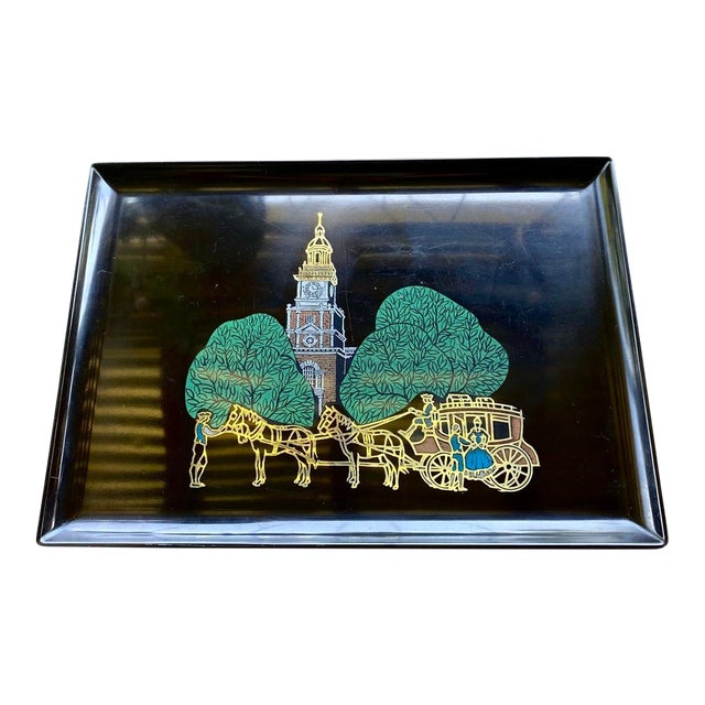 Vintage Couroc Independence Hall Serving Tray – Colonial Philadelphia Horse & Carriage Scene – Monterey California For Sale