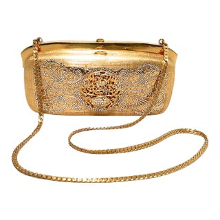 Judith Leiber Gold Filigree Swarovski Crystal Box Minaudiere evening bag clutch For Sale