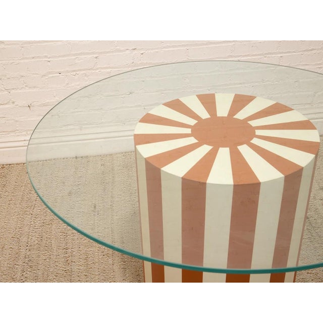 Mid 20th Century Mid 20th Century Postmodern Orange and Cream Striped Pedestal Dining Table With Glass Top For Sale - Image 5 of 9
