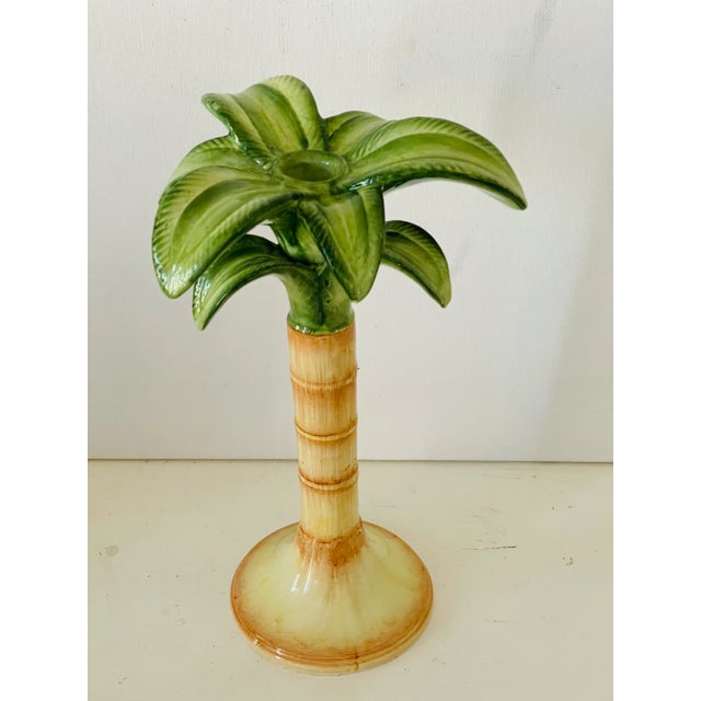 Vintage Italian polychrome majolica candlestick in a shape of palm tree.