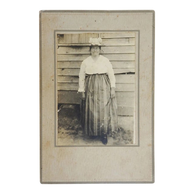 Antique Portrait Photograph of Woman in Striped Skirt and Fancy Hat For Sale