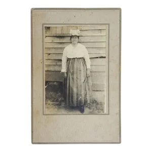 Antique Portrait Photograph of Woman in Striped Skirt and Fancy Hat