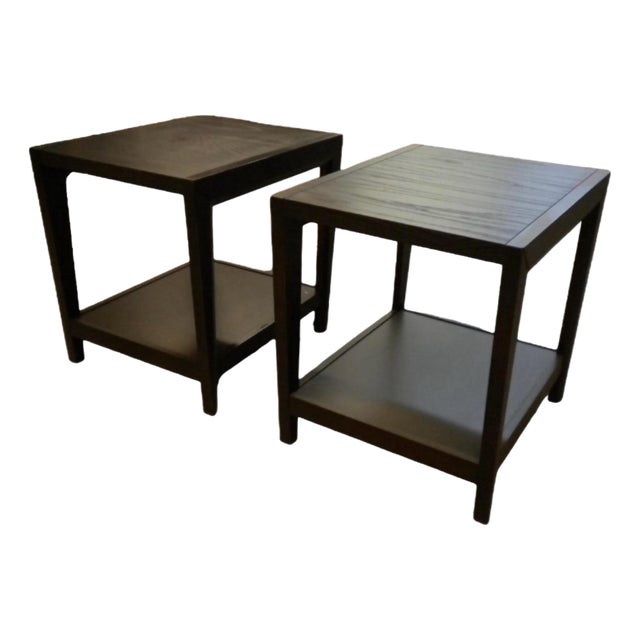 Late 20th Century A Pair of Modern Dark Wooden End Tables With Slatted Tops and Shelves Attribute to Edward Wormley For Sale