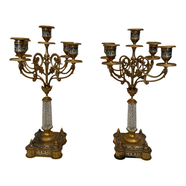 19th Century Bronze, Champleve Enamel & Cut Crystal Candelabras For Sale