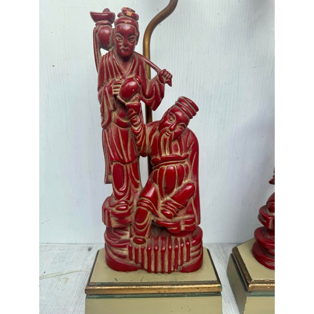 Fine Antique Carved Wood Chinese Immortals Fisherman and Deity Cinnabar Style Finish Pair Lamps For Sale In West Palm - Image 6 of 12