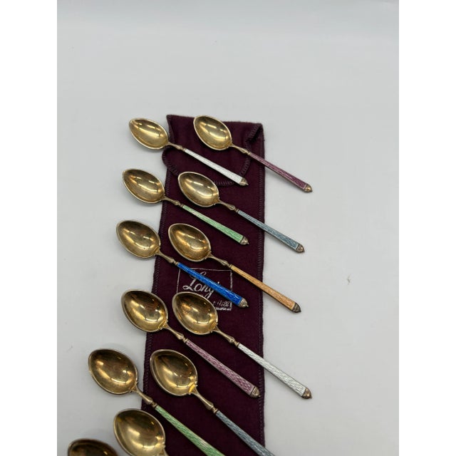 Set of 12, Thomae Company Heavily Enameled Sterling Silver Demitasse Spoons For Sale - Image 4 of 9
