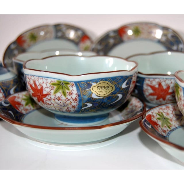 Japanese Authentic Arita Imari Celadon Cherry Blossom Shaped Cups and Saucers- 10 Pieces For Sale - Image 3 of 9