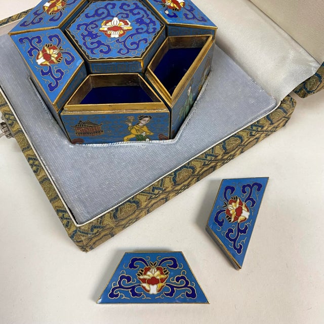Blue Peking Seven Hexagonal Cloisonné Enameled Trinket Boxes in Original Fabric Box For Sale - Image 8 of 12