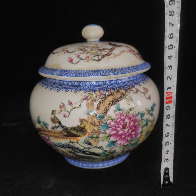 Pair of Chinese Famille Rose Porcelain Covered Jars With Birds & Peony Motif For Sale - Image 4 of 9
