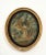 Extremely fine embroidery of a neoclassical maiden dressed as a shepherdess in a forest with a rustic thatched cottage in...