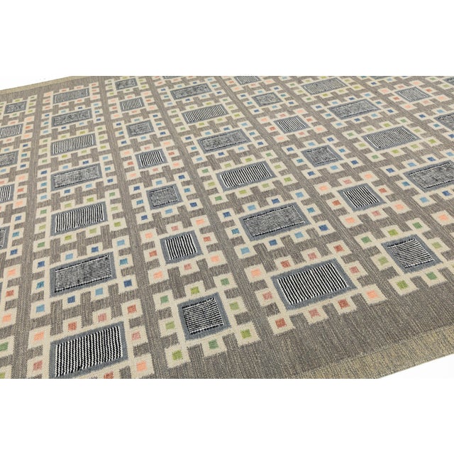 Nordic Geometric Handmade Wool Flatweave Rug in Charcoal, Off-White, and Pastels For Sale - Image 4 of 12