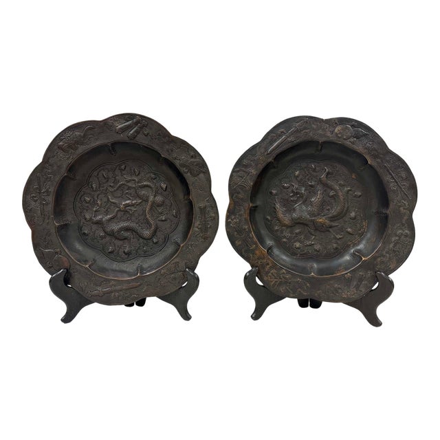 Antique Chinese Bronze Octagonal Dragon and Phoenix Plates For Sale