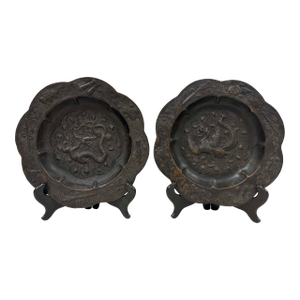 Antique Chinese Bronze Octagonal Dragon and Phoenix Plates