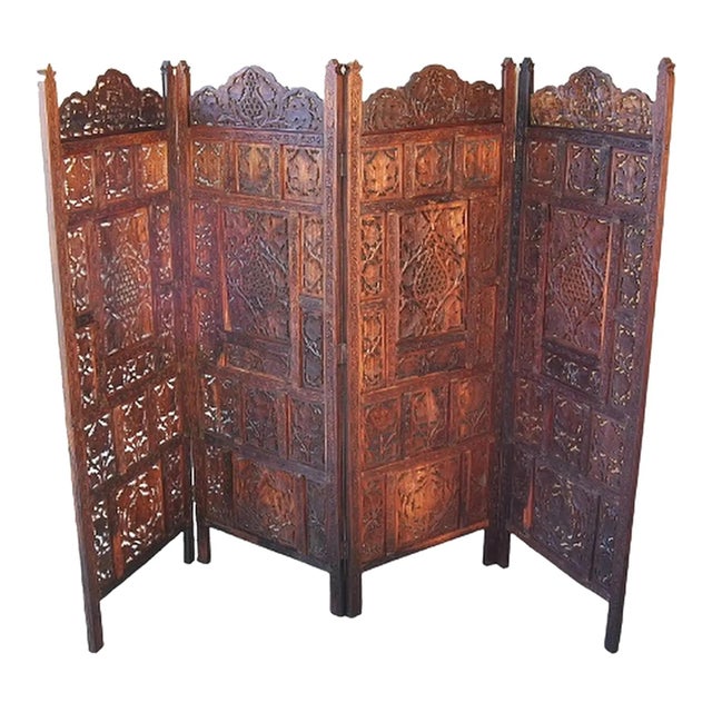 Auburn Hindu Jali Antique Carved Teak Wood Arabesque Floral Motifs Screen Room Divider For Sale - Image 8 of 10