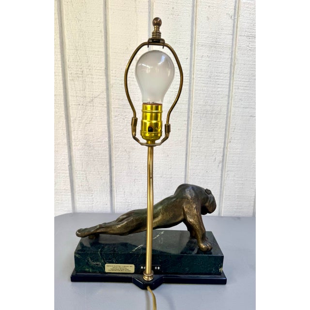 Metal Vintage Stretching Lion Bronzed Metal and Marble Desk Writing Table Foyer Table Lamp For Sale - Image 7 of 12