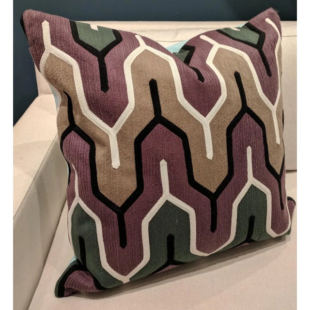 22x22" contemporary embroidered pillow in purple/neutral colors (olive green/black/white/taupe). Light blue solid cotton...