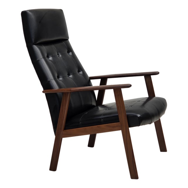 Danish Armchair in Black Artificial Leather and Teak Wood, 1970s For Sale