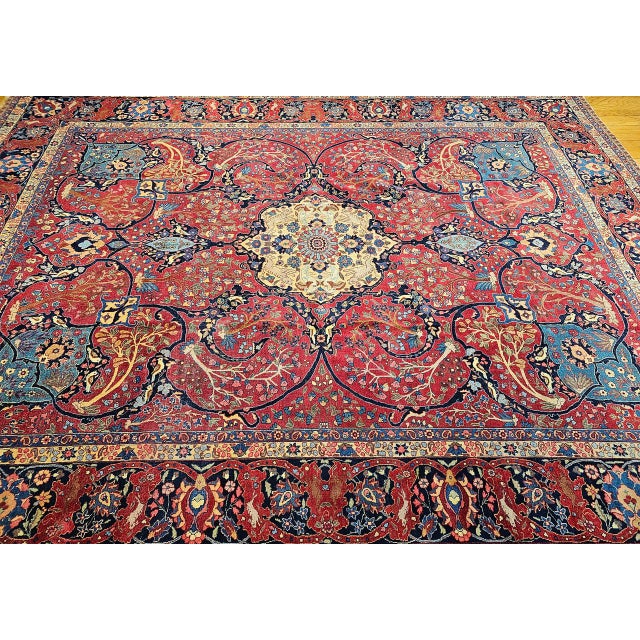 Red Vintage Persian Tabriz Rug, Hand-Knotted Wool, Garden Floral Pattern, Crimson & Turquoise, 11x15 For Sale - Image 8 of 18
