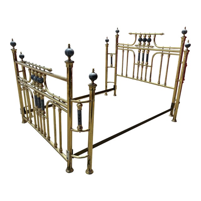 Vintage Hollywood Regency Brass Full Size Bed Frame With Marble Accents For Sale