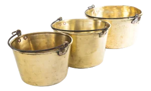 Late 19th Century Assembled Spun Brass Buckets With Steel Wire Handles - Set of 3