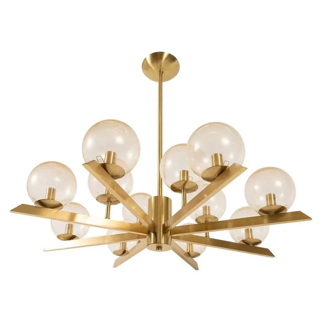 White Early 21st Century Brass Sunburst Style Chandelier with Glass Globes For Sale - Image 8 of 13