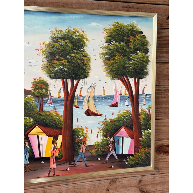 Folk Art Vintage Large Haitian Naïve Art Coastal Village Landscape Painting by Jacky Salomon For Sale - Image 3 of 12