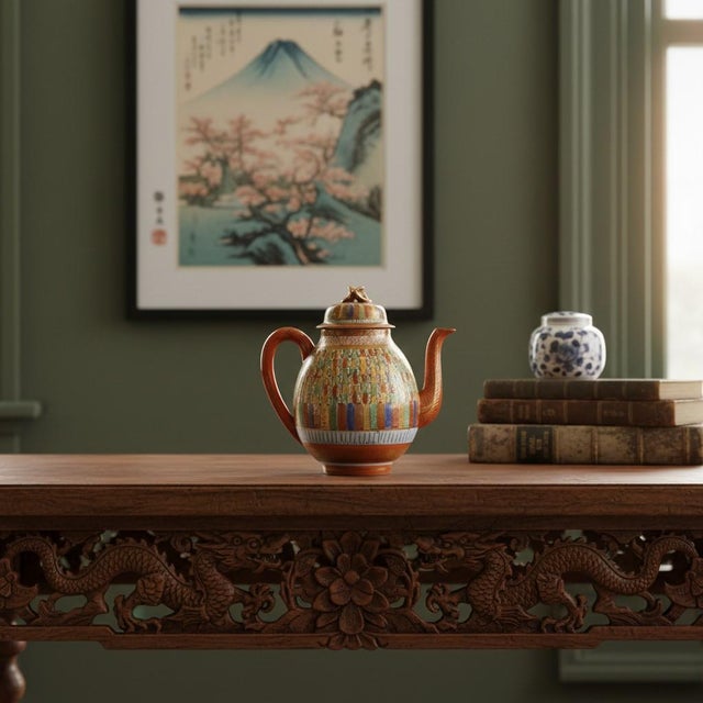 Vintage Japanese “Thousand Faces” porcelain teapot, c.1920-1940. Made in Japan, this elaborate export ware features the...