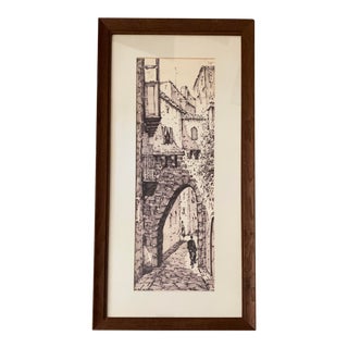 Vintage Street Scene Ink Drawing, Framed For Sale
