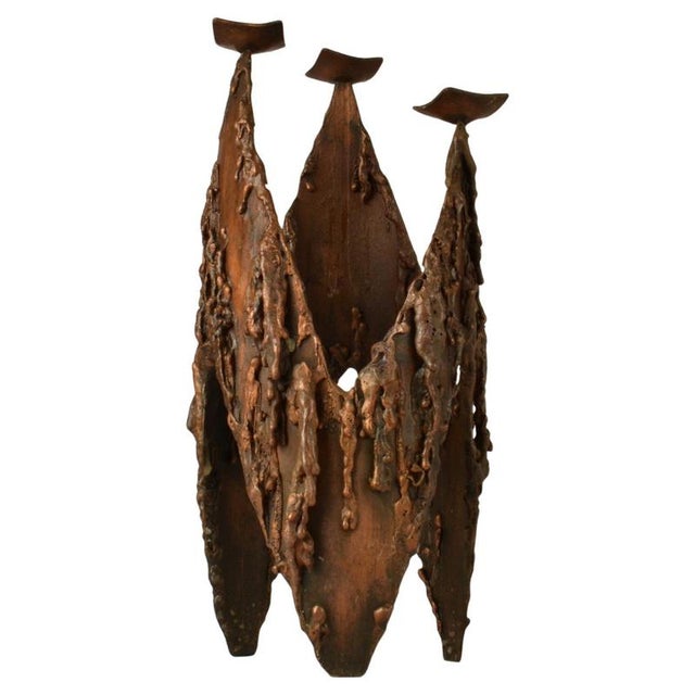 Brutalist Copper Three-Arm Candelabra, 1970 For Sale - Image 9 of 9