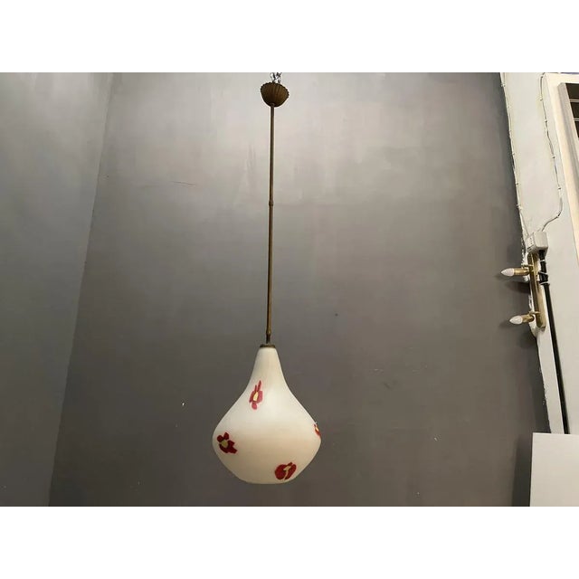 Opaline Glass Light Pendant by De Mayo Bronze fittings Opaline Glass shade with hand painted red flowers Height with...