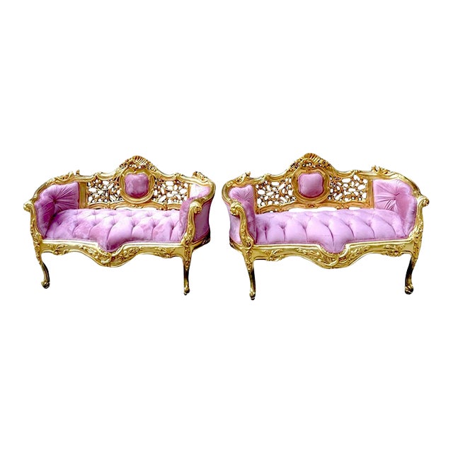 Pair of Vintage French Louis XVI Style Settees – Rose Velvet Tufted Upholstery & Gilded Beech Frames For Sale