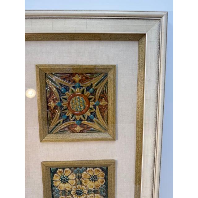 Early 20th Century Late 19th–early 20th Century, Three Colorful Antique French Majolica Tiles, Newly Framed With Linen Mat For Sale - Image 5 of 12