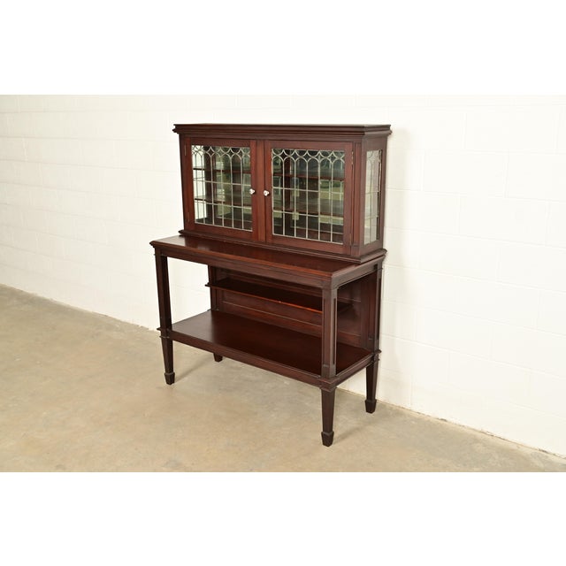 Mission Charles Rohlfs Antique Arts & Crafts Carved Mahogany Sideboard or Bar Cabinet With Leaded Glass Doors, Circa 1900 For Sale - Image 3 of 15