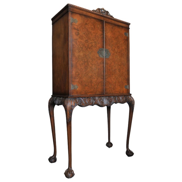 20th Century Queen Anne Revival Walnut Cocktail Cabinet with Fitted Brass Details For Sale