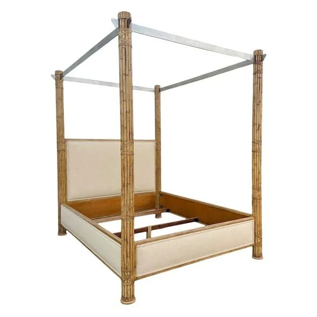 Bamboo Queen Poster Bed with Steel Canopy and Cream Linen Fabric For Sale - Image 11 of 11