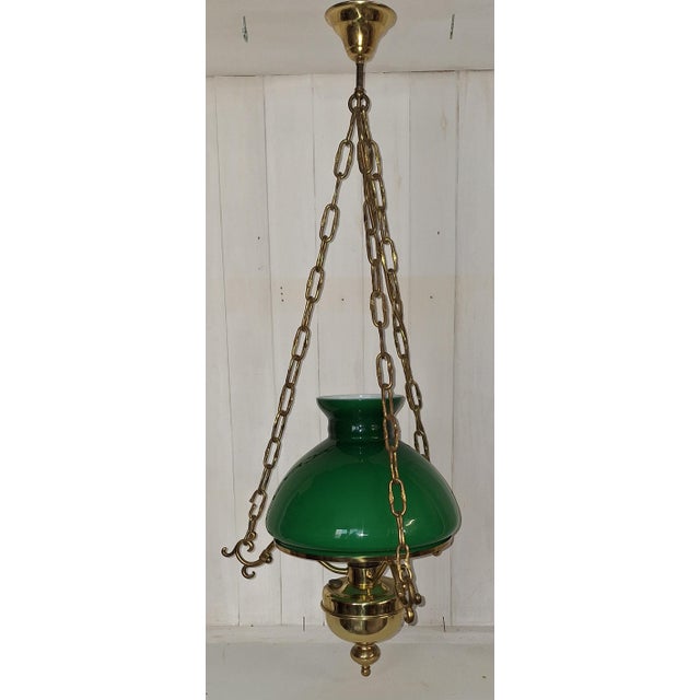 Vintage Rustic German Ceiling Lamp with Brass Frame and Green Glass Shade from Schmöger-Leuchten, 1980s, in Very Good...