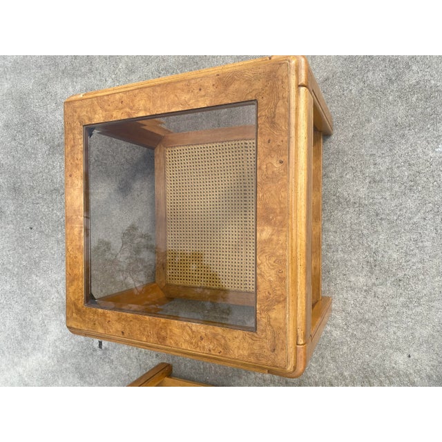 Boho Chic Vintage Boho Coastal Wood Side Tables With Cane Bottoms and Burlwood Tops - Set of 2 For Sale - Image 3 of 13