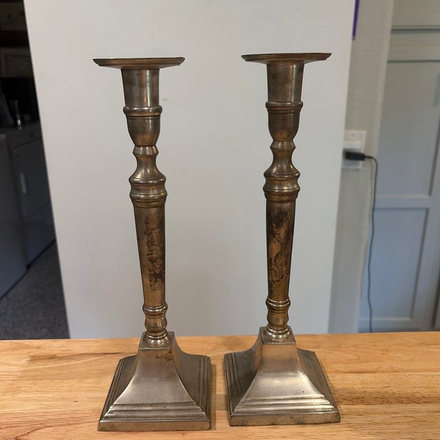 Transitional Pair of Antique Candle Stick Holders For Sale - Image 3 of 5