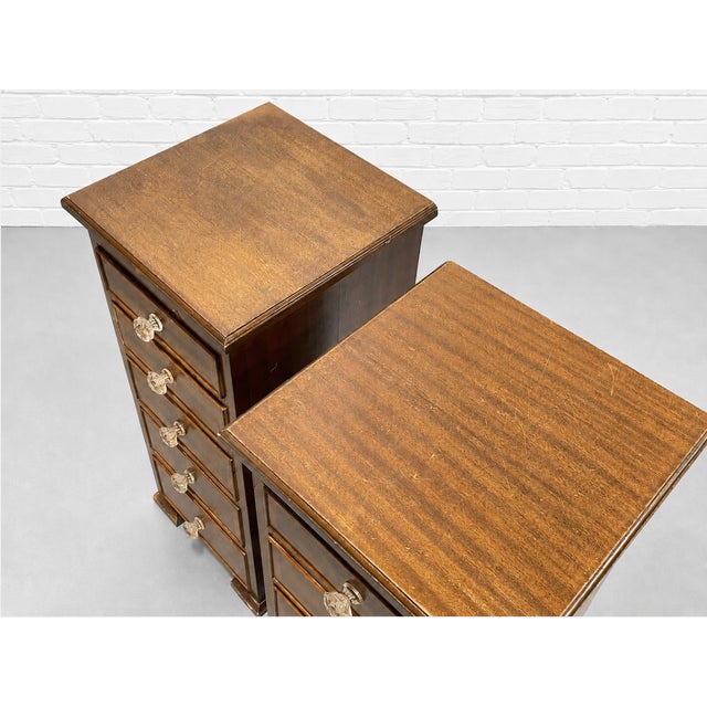 Pair of Federal Style Narrow Mahogany Dressers | 1920's Skinny Nightstands Glass Knobs For Sale - Image 10 of 12
