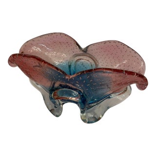 Murano Vintage Hand Blown Glass Blue and Pink Oblong Candy Dish For Sale