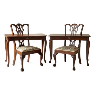 Late 20th Century The Georgian Symphony: Symmetrical Queen Anne Desks & Chippendale Ribbon-Back Chairs For Sale