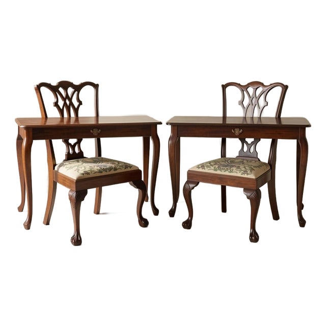 Late 20th Century The Georgian Symphony: Symmetrical Queen Anne Desks & Chippendale Ribbon-Back Chairs For Sale