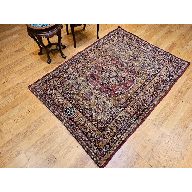 19th Century 19th Century Persian Kerman Lavar Rug, Hand-Knotted Wool & Silk, Floral Pattern, Gold & Red, 4x6 For Sale - Image 5 of 16