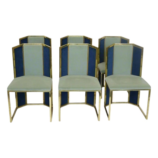 Set of Six Hollywood Regency Style Side Chairs with Brass Frames For Sale