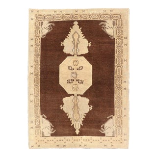 Vintage Turkish Oushak Rug, Brown Medallion With Taupe For Sale